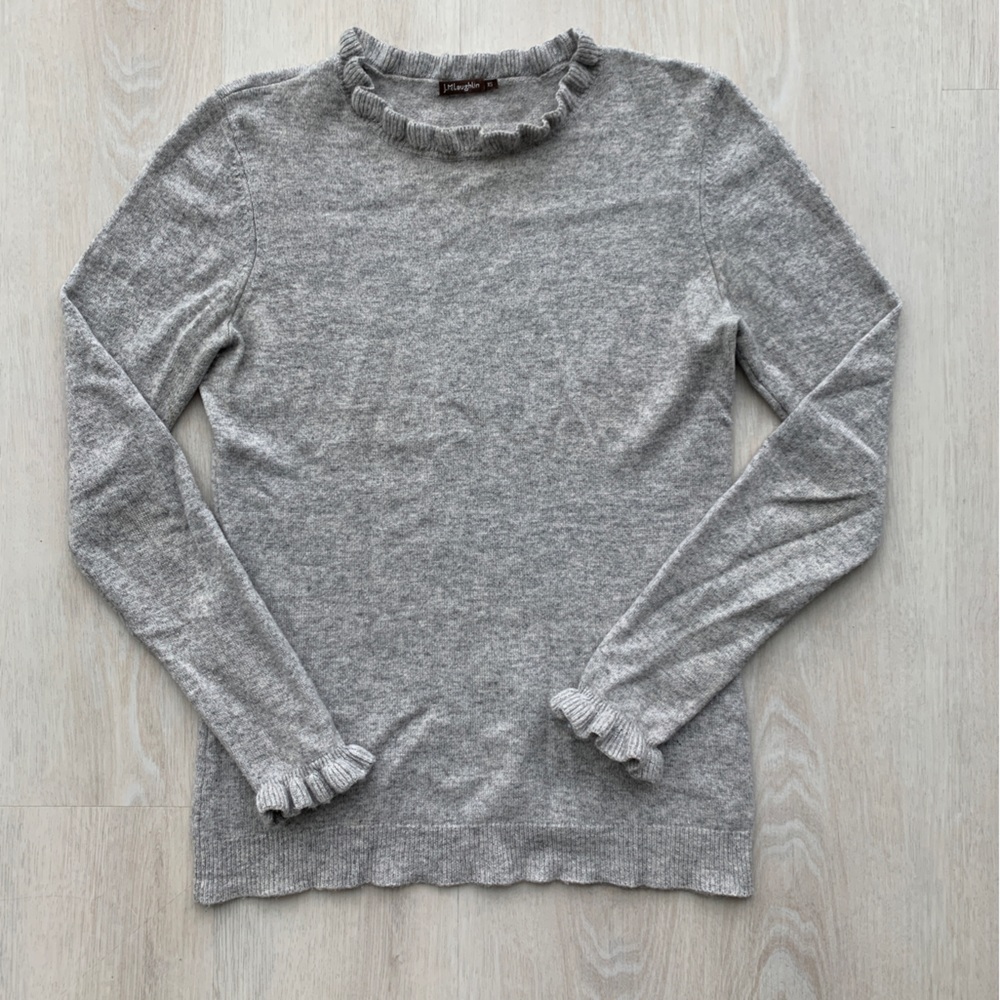 J. Mclaughlin Grey Long Sleeve Cashmere Ruffle Neck Detail Sweater